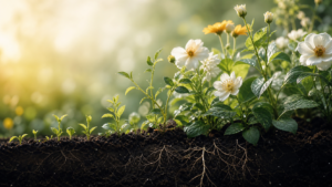 Young green plants growing into white and golden flowers above deep, visible roots