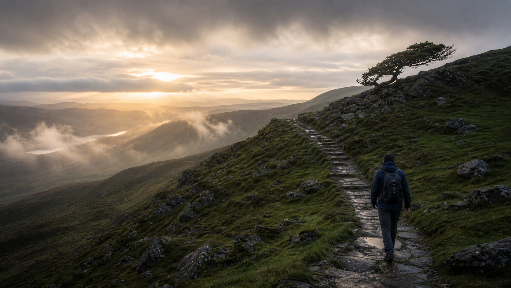 A solitary traveller walking steadily along a rugged mountain path towards warm dawn light