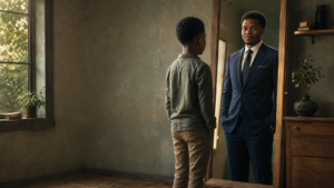 A young Black boy looking into a mirror and seeing his confident future self dressed in a navy suit