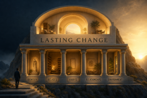 The five foundations of lasting change—identity, beliefs, habits, relationships, and environment—supporting a life of transformation