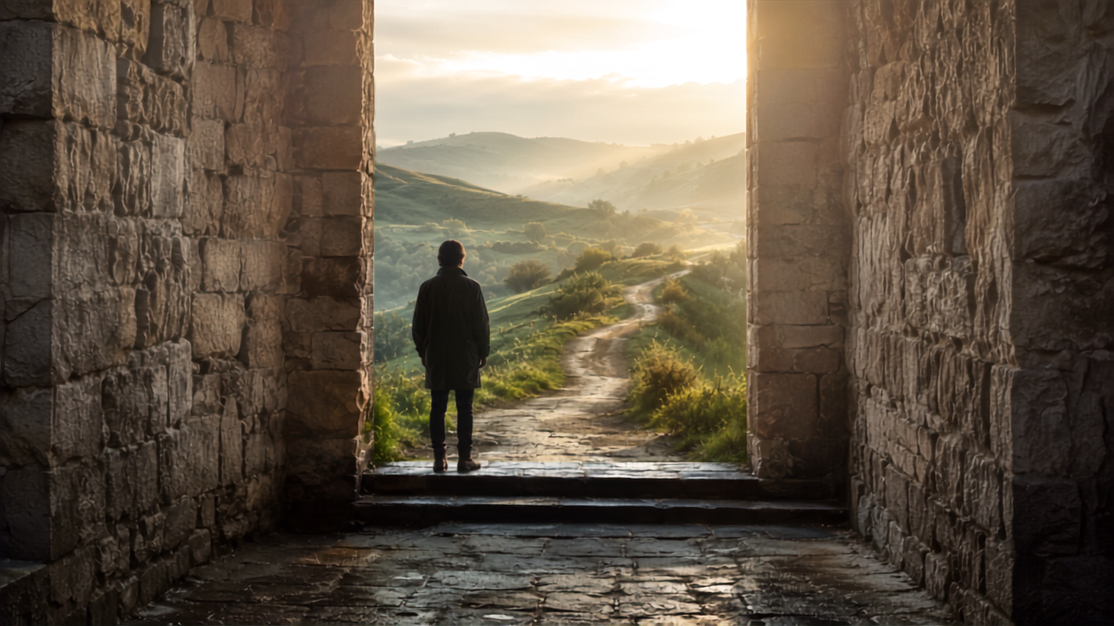 A person standing at a stone threshold, looking towards a sunlit path through green hills