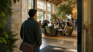 A visitor standing at an open church entrance while a diverse community gathers in meaningful conversation inside