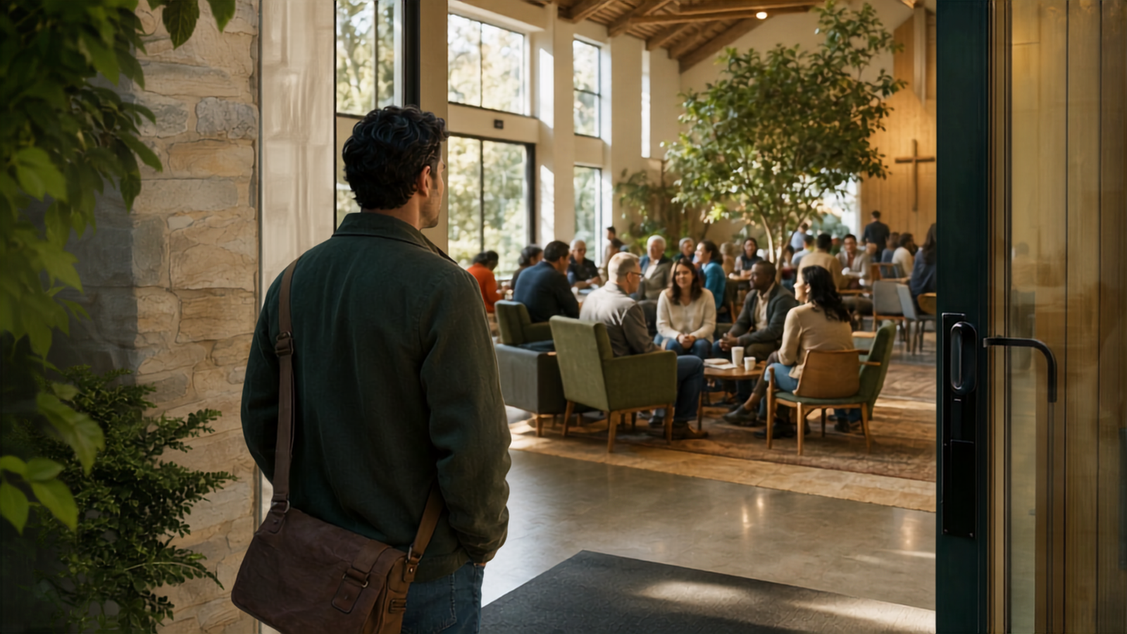 A visitor standing at an open church entrance while a diverse community gathers in meaningful conversation inside