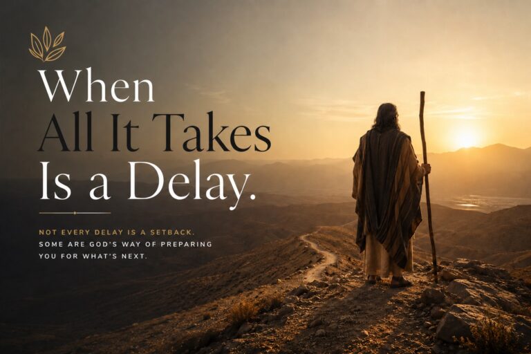 A robed figure overlooking a mountain path at sunrise, illustrating that some delays are preparation