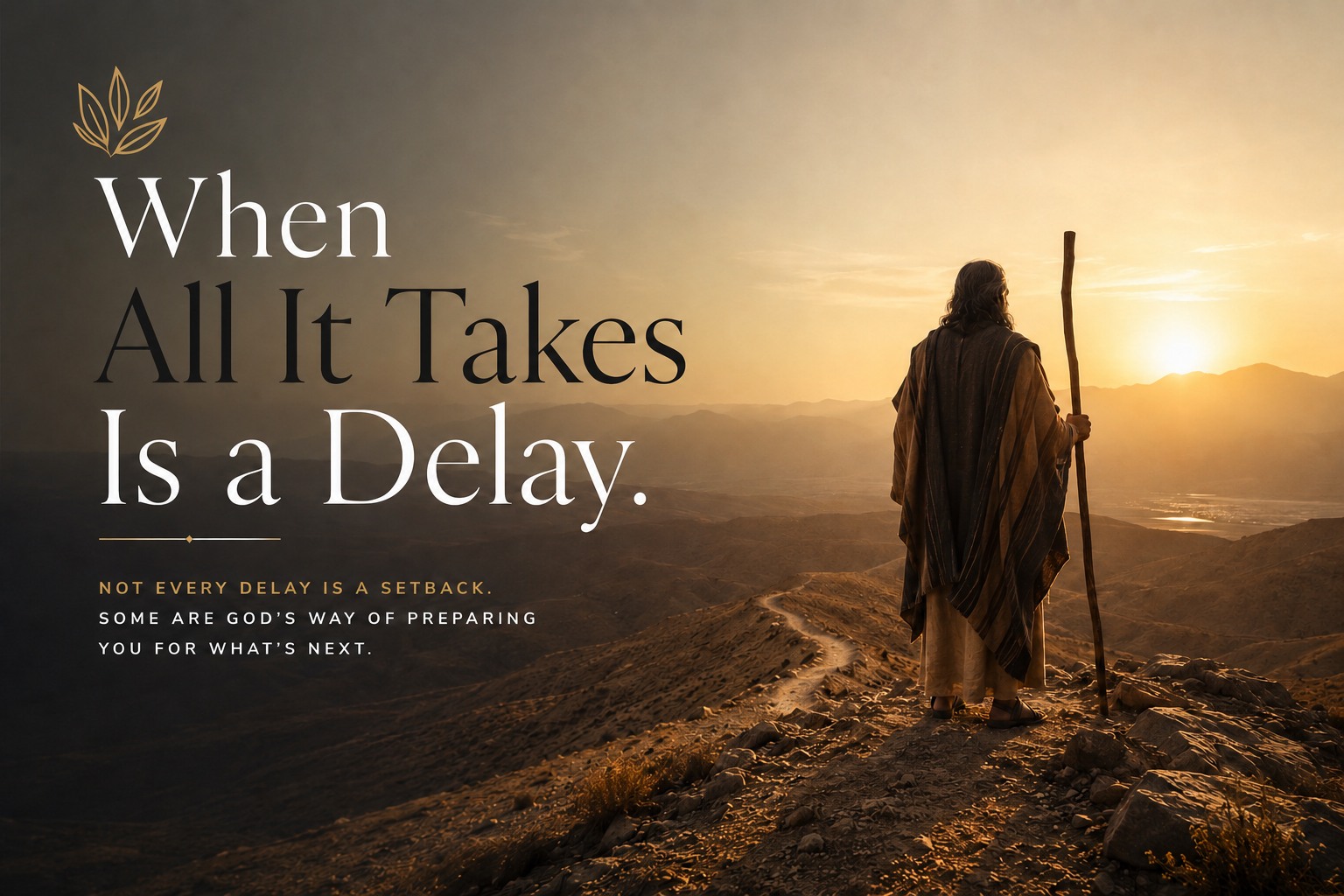 A robed figure overlooking a mountain path at sunrise, illustrating that some delays are preparation