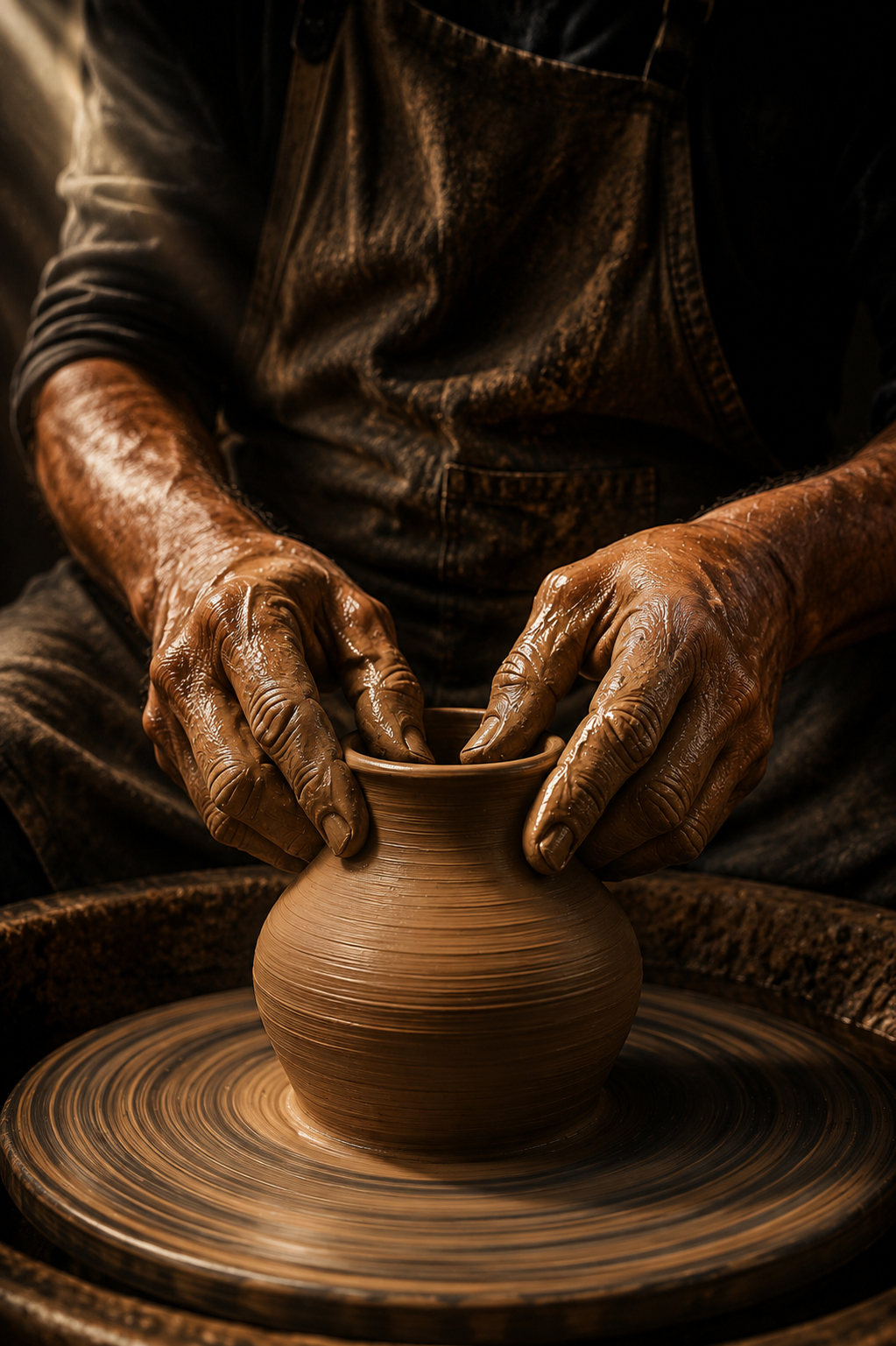 Two clay-covered hands shaping an earthen vessel on a potter's wheel in warm light — being formed, not finished