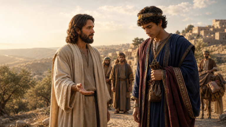 Jesus speaking with the rich young ruler, who looks down while holding his money bag