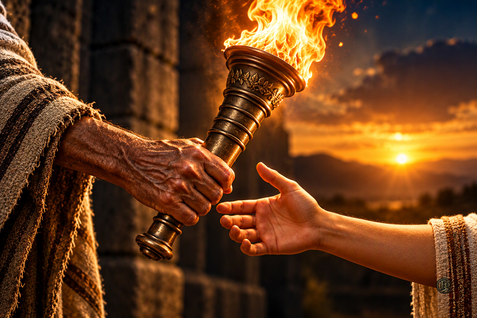 An elderly, weathered hand passes a burning torch to a young outstretched hand at sunset: Paul handing on the good fight of the faith to Timothy.