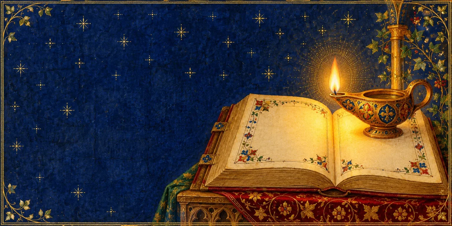 An oil lamp burning on an open illuminated Bible at night