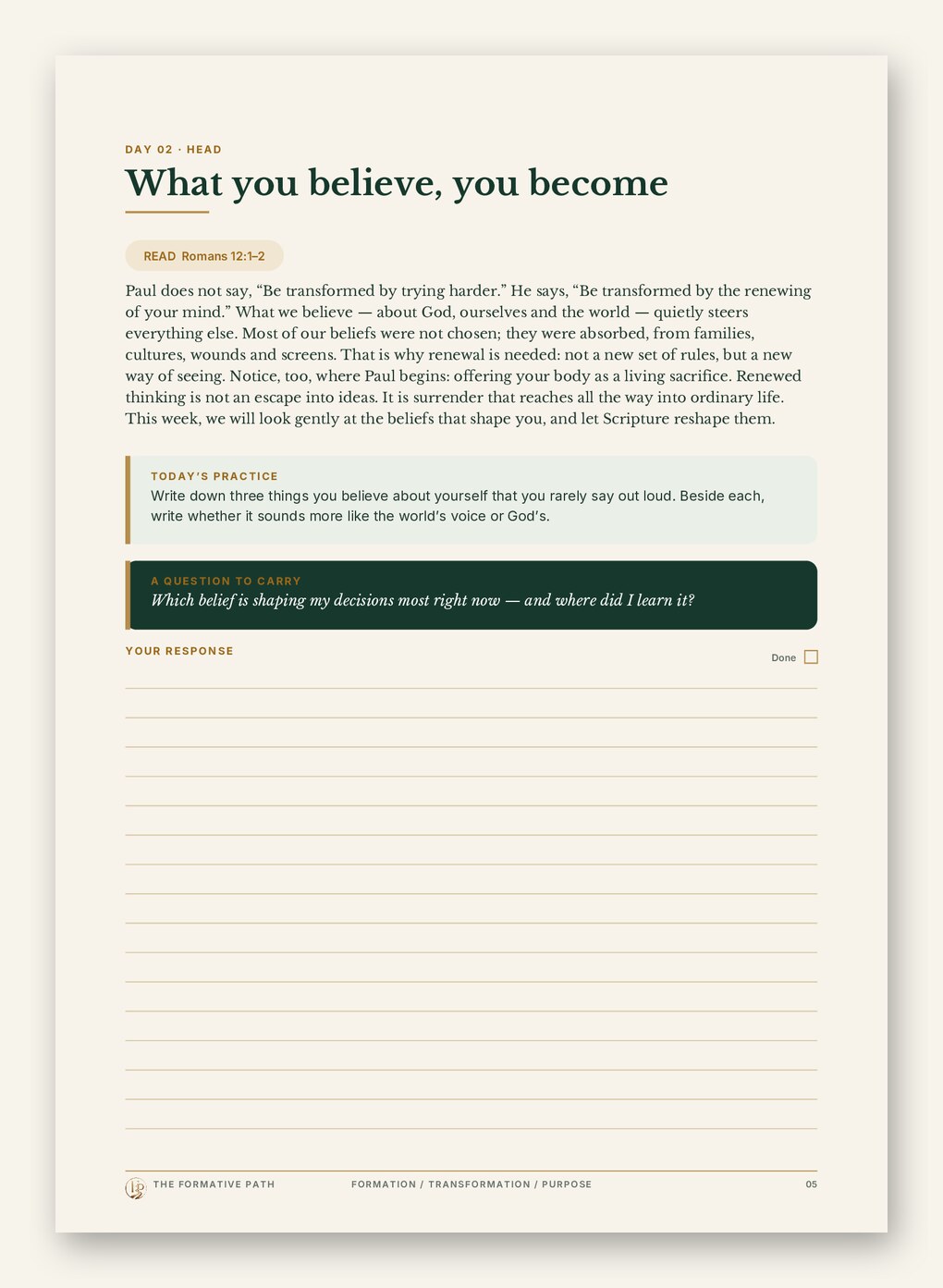 Inside the 30-Day Formation Journey companion journal: Day 2 page with reading, reflection, practice, question and writing space