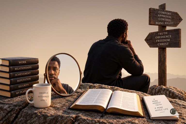 A man sits on a rock at dusk facing a signpost: one way to comfort, approval, control and being right; the other to truth, obedience, freedom and Christ.