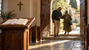 A man gently helps an elderly woman up the steps into a sunlit church while an open Bible rests on a lectern: Christian integrity lived out in a quiet act of care.
