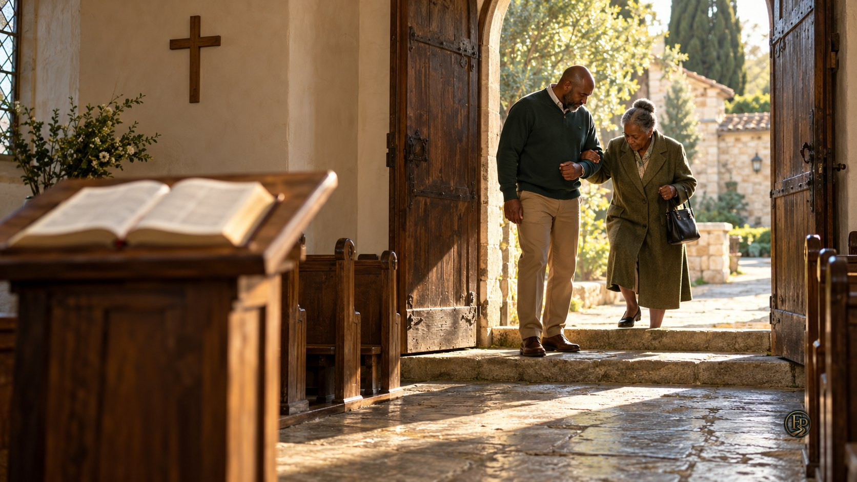 A man gently helps an elderly woman up the steps into a sunlit church while an open Bible rests on a lectern: Christian integrity lived out in a quiet act of care.